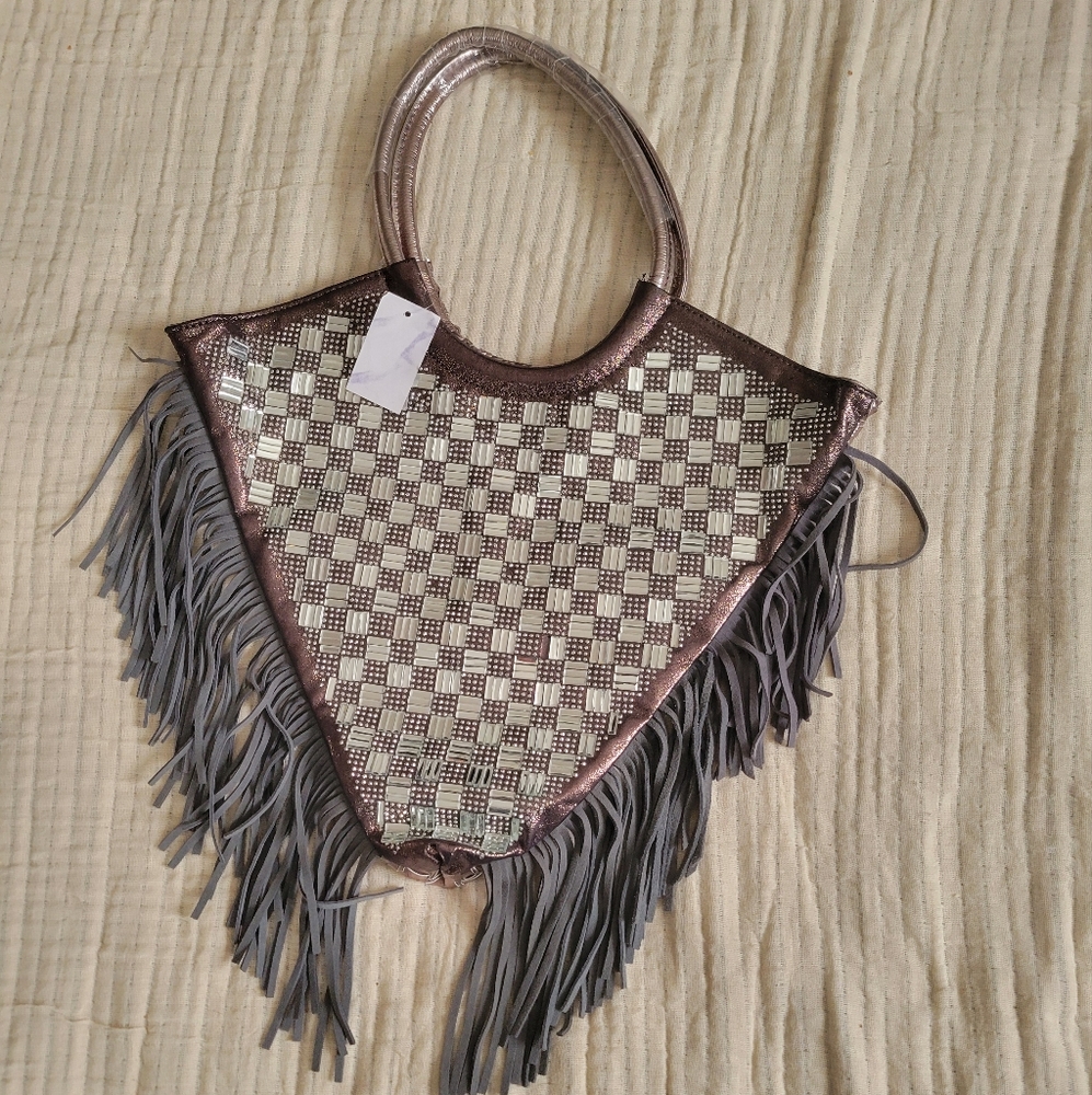 Stylish Checkered Mirrored Fringe Bag NWT
